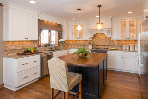 Cambria Berkeley Engineered Stone Countertop with Castelli Chocolate Lime Stone Mini Subway Backsplash , Eggshell Paint Maple Cabinets with Coffee Glaze, White Oak Random Widths Flooring and Custom Made Wood Vent Hood